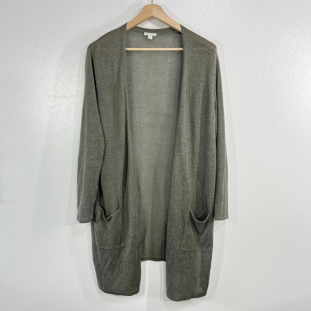 J.Jill Open Front Linen Viscose Cardigan Duster Sweater Large Moss Green Pockets